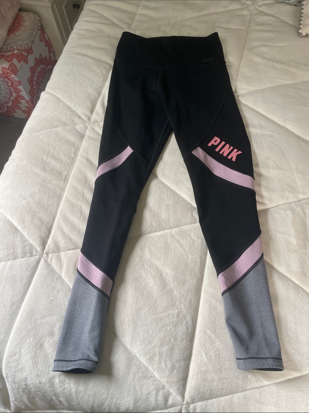 PINK Victoria's Secret Reversible Black Running Leggings with Pink & Gray Panels
